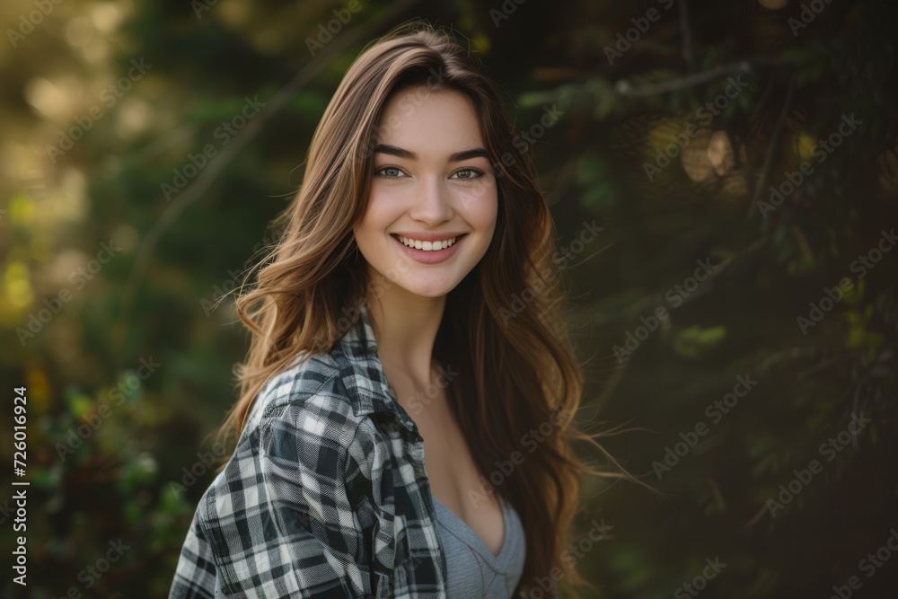 Naklejka premium A woman in a plaid shirt smiles for the camera
