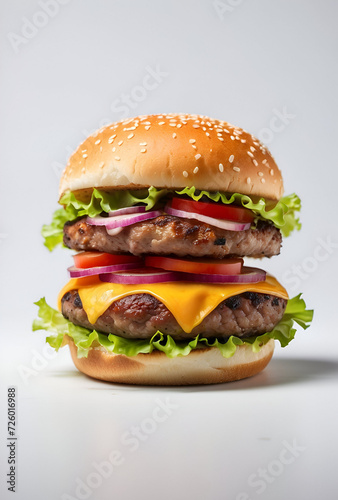 Close-up of hamburger with cheese and vegetables on white background