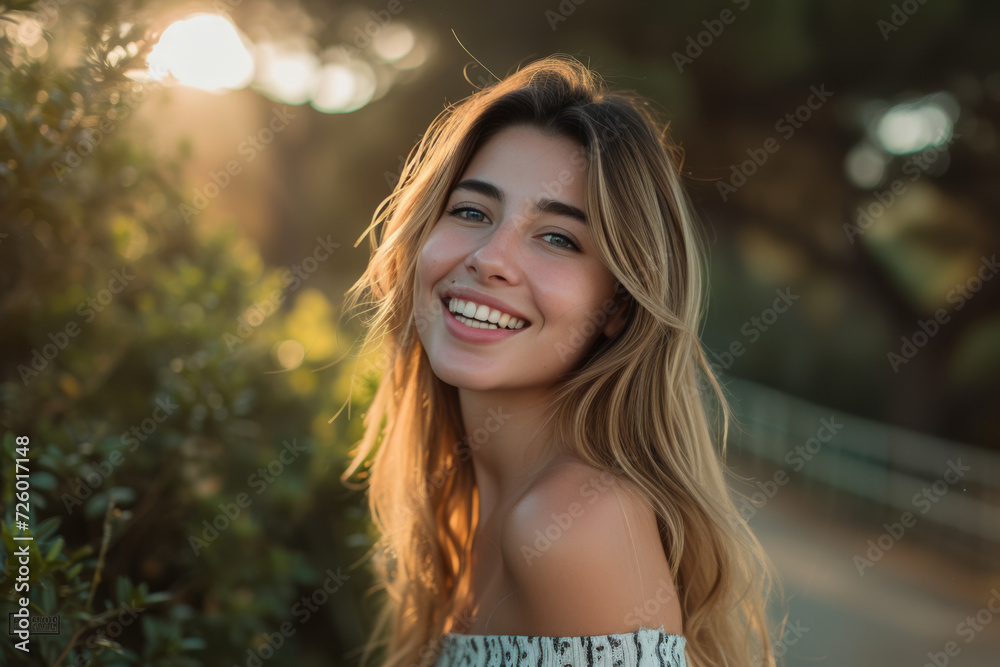 A woman is smiling in front of a bush with a blurred background A woman is smiling in front of a bush with a blurred background