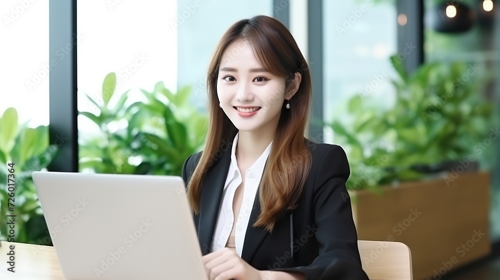 portrait of beautiful cheerful business woman smiling while working with laptop, computer. portrait of beautiful cheerful business woman smiling while working with laptop, computer.