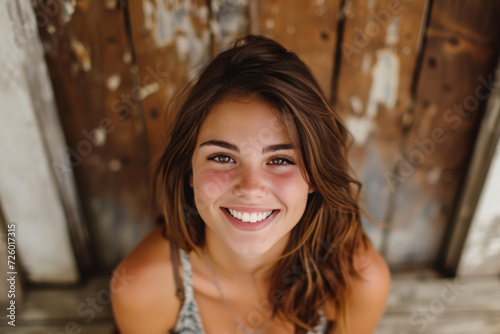 A woman is smiling in front of a wooden wall