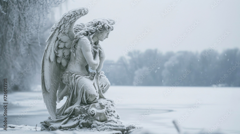 A stoic winter angel gazes out over a frozen lake their wings adorned with delicate icicles as they bring a sense of peace and stillness to the frigid season.