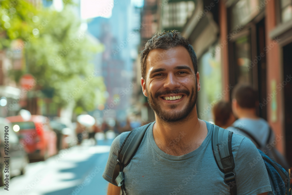 Fototapeta premium A man with a backpack is smiling for the camera