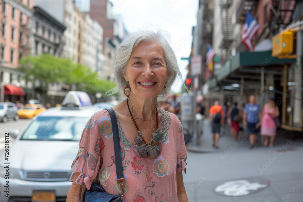 An older woman stands on a city street with a taxi cab in the background