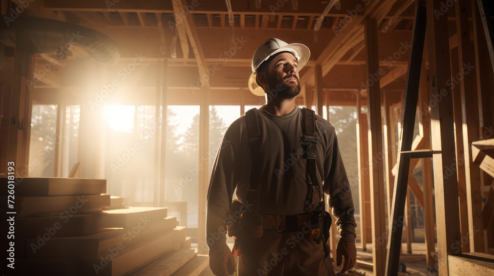 A building construction foreman wear a hard helmet is looking at the construction process and project workers.