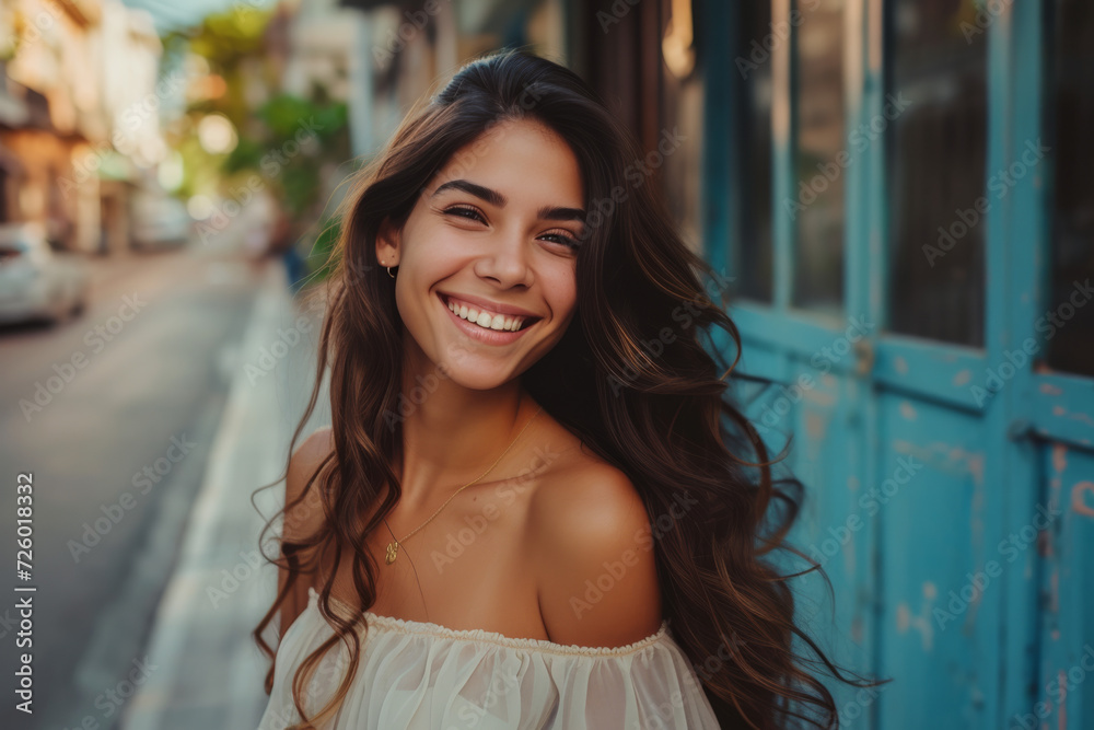 A woman is smiling in front of a blue door A woman is smiling in front of a blue door