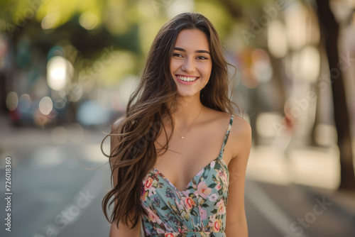 A woman in a floral dress smiles for the camera