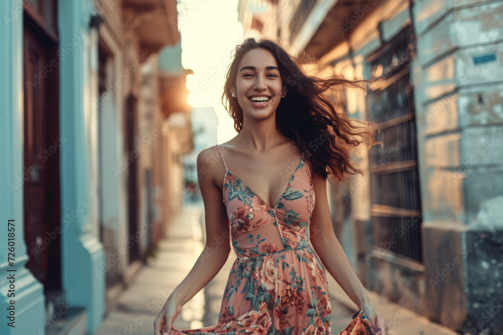 A woman in a floral dress is walking down a street - obrazy, fototapety, plakaty 