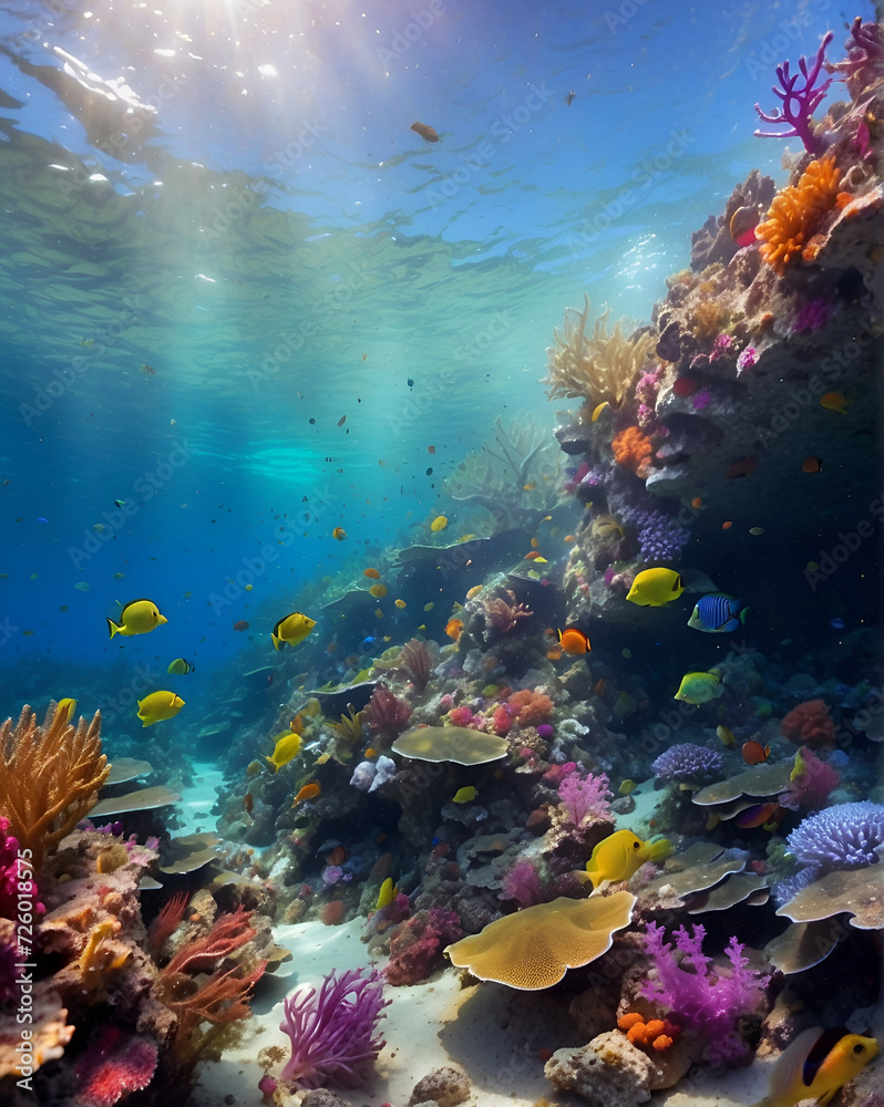 Fototapeta premium Underwater view of tropical coral reef with fishes and corals