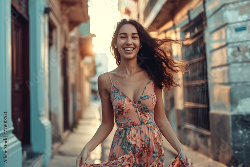 A woman in a floral dress is walking down a street