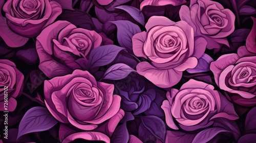 Artistic depiction of deep purple roses clustered together.