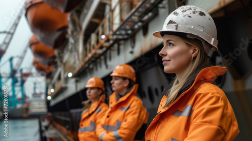 A team of female engineers inspecting the inner workings of a cruise ship breaking stereotypes and promoting gender inclusivity in the maritime industry. photo