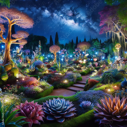 Gardens filled with otherworldly plants, flowers, and creatures under a celestial night sky. photo