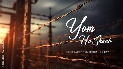 Yom HaShoah. Holocaust Remembrance Day. Boundary barbed wire fence and David Star photo