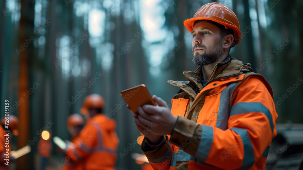 A team of construction workers with tablets overseeing and assessing the progress of a construction site from an elevated viewpoint.. A team of construction workers with tablets overseeing and assessing the progress of a construction site from an elevated viewpoint..