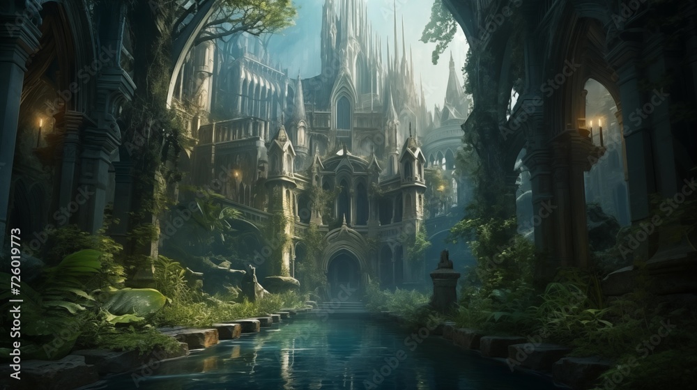 A mysterious cathedral in overgrown ruins, Generative AI