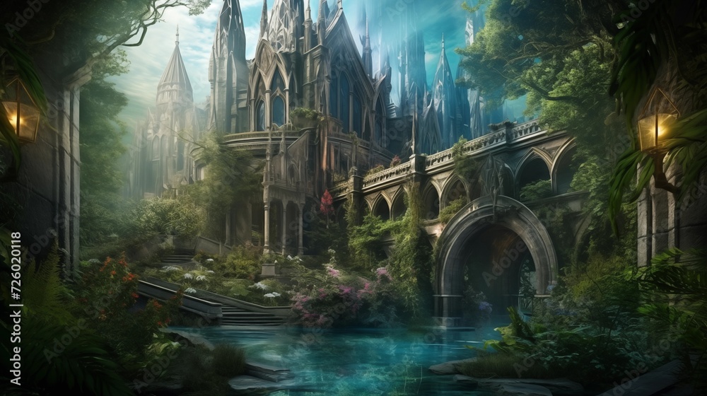 Obraz premium A mysterious cathedral in overgrown ruins, Generative AI