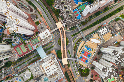 Photography Drone fly over Hong Kong city in residential district