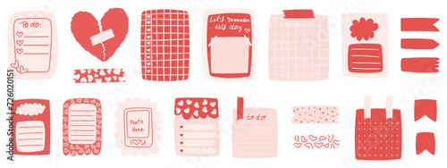 Collection of Valentine day themed memo stickers. Journal planning love sticker sheets.