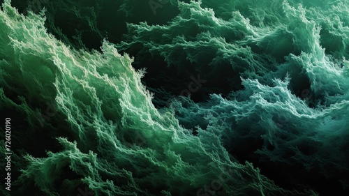 a 3d holographic animtion of a green wavy pattern  dark foliage of sound signal texture  fluid liquid gas style soft material  element wallpaper  background of ocean in strange weird  AI Generated.