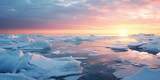 sunrise over the river, A panoramic view of the North Pole, 
A frozen ocean with icebergs and mountains in the background, Generative AI

