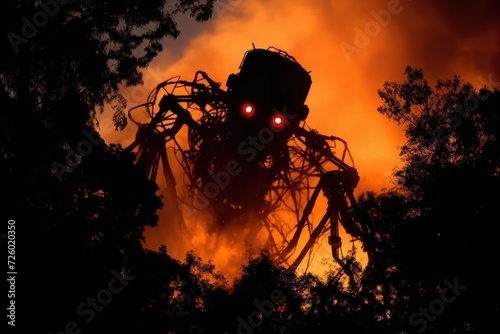 robot silhouette of the tree, Forest fire and technology war conflict