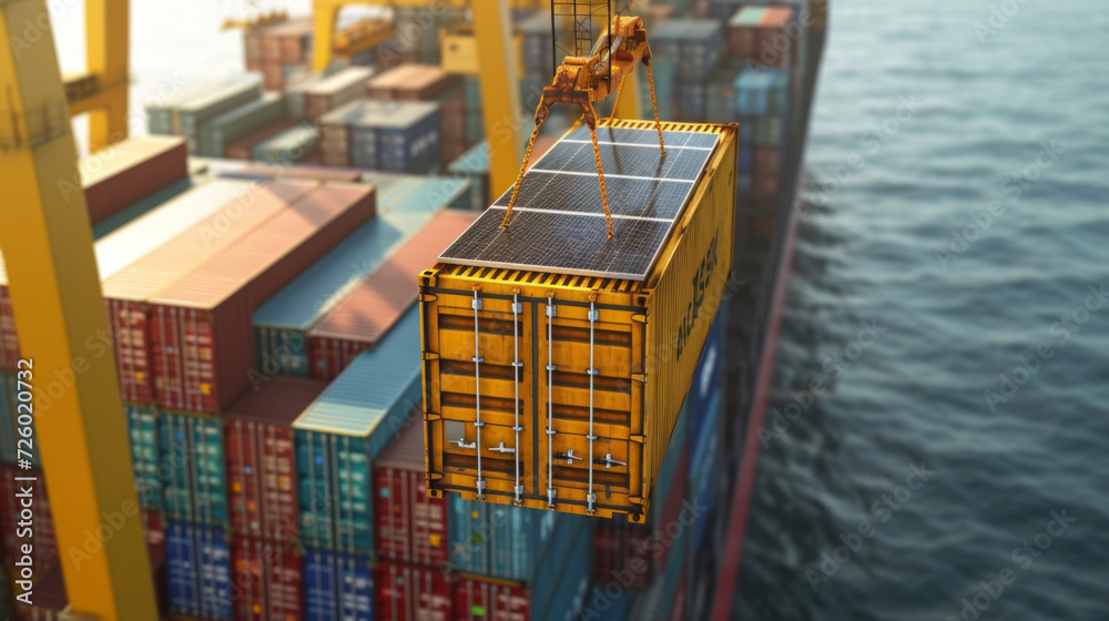 A crane carefully lifts a container off of a ship revealing dozens of solar panels lining the deck just one of the many sustainable energy practices being implemented to reduce