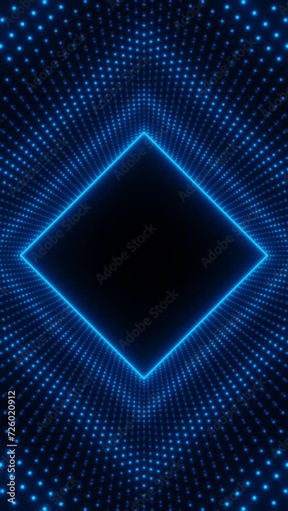Vertical video blue neon rhombus frame with waves of dots loop animation Vertical video blue neon rhombus frame with waves of dots loop animation