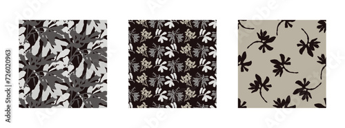 Masculine vector floral pattern with organic botanical shapes. Modern bold black white flower print, design in neutral scandi style.