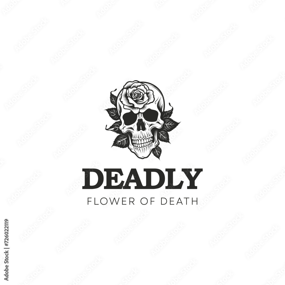 Hand drawn skull overgrown with flower plants,flower of death logo