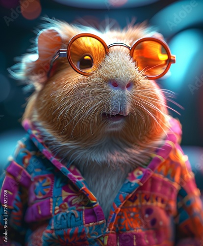 A guinea pig influencer or avatar with cute clothes and glasses. 