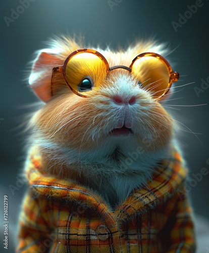 A guinea pig influencer or avatar with cute clothes and glasses. 
