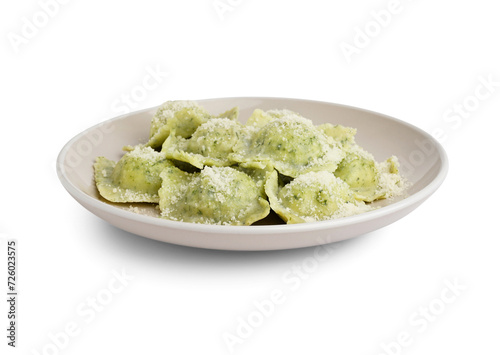 Plate of tasty ravioli with cheese on white background