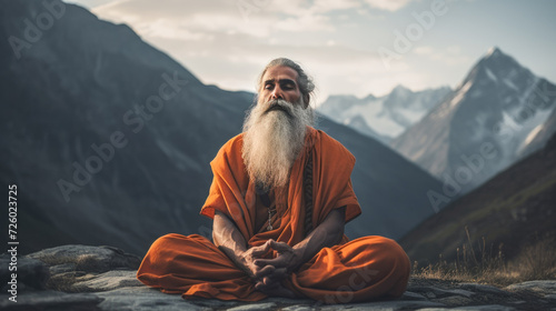 An Indian Guru in Padmasana: Meditating in the Himalayan Mountains