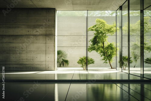 a spacious courtyard with greenery in a modern concrete building in a minimalist style  a public space  a corridor of a business center