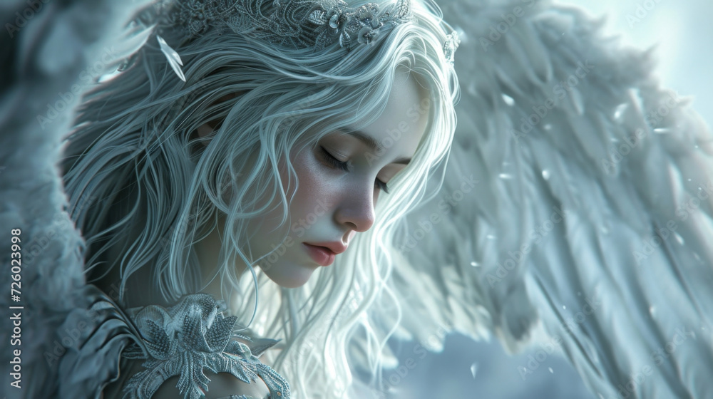 Fototapeta premium A beautiful angel with flowing locks of silver hair and intricately patterned wings surveys the desolate landscape of a forgotten kingdom her expression filled with sorrow.