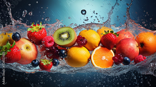 Food photos. Background banner with summer fruits and berries flying in splashes and drops of water. Close-up of ripe oranges, strawberries, kiwis, raspberries, blueberries