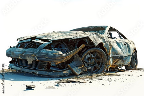 A very damaged and wrecked car, abandoned and deformed by accident and disaster, dirty and grungy, very old and classic with rusty rustic material, isolated on white background, AI generated.	