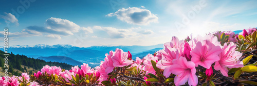 A beautiful view from a height of a mountain landscape with fog and forest with a blooming pink azalea in the foreground, a place for text.	 photo