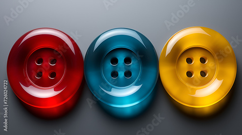 Colorful buttons red blue and yellow isolated on transparent background Three large multi-colored buttons on a grey background.