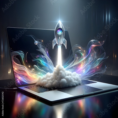 Spaceship Rocket Launching From Laptop Computer Screen