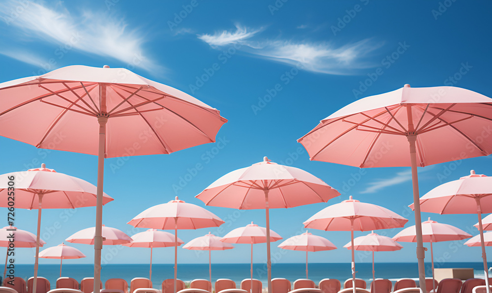 beautiful beach view in summer with umbrellas sea sand bleu sky and sun illustration background Paradise view of tropical empty pelage with pink umbrella and beach chair.