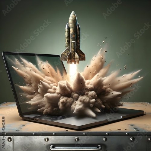 Spaceship Rocket Launching From Laptop Computer Screen