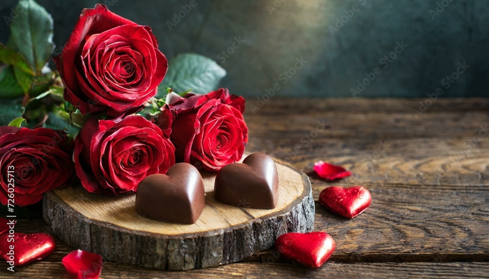 Bouquet de roses rouges et quelques chocolats, image romantique de Saint Valentin. - obrazy, fototapety, plakaty 