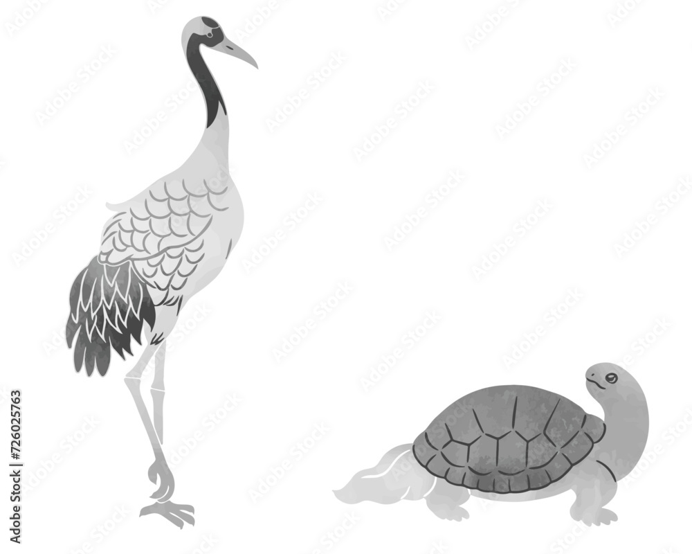 Naklejka premium 水墨画風の鶴と亀のイラスト