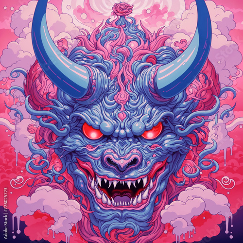 A depiction of a demonic face mask rooted in Japanese culture, symbolizing traditional beliefs and folklore, blending elements of mysticism and spirituality, Created using generative AI tools
