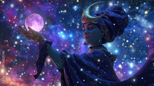 Cartoon digital avatar of the Astrologer A mystical figure with a crescent moon headdress, floating in a galaxy filled with stars. Their hand is outstretched, offering a crystal ball to