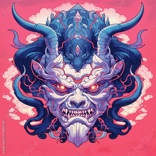 A depiction of a demonic face mask rooted in Japanese culture, symbolizing traditional beliefs and folklore, blending elements of mysticism and spirituality, Created using generative AI tools