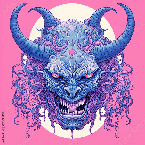 A depiction of a demonic face mask rooted in Japanese culture, symbolizing traditional beliefs and folklore, blending elements of mysticism and spirituality, Created using generative AI tools