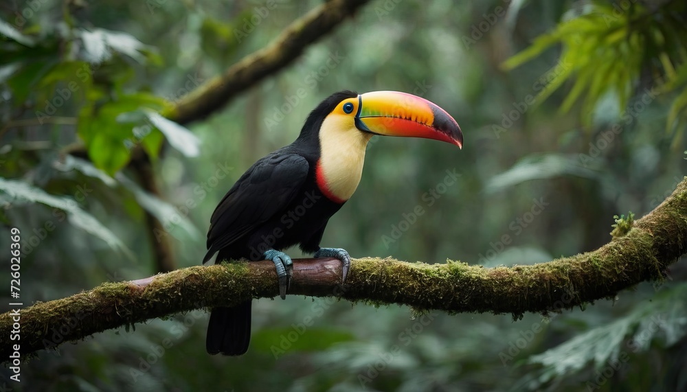 Fototapeta premium Toco toucan perched on a mossy branch, vibrant tropical bird in lush rainforest habitat, colorful avian wildlife photography, exotic jungle nature portrait with bokeh background